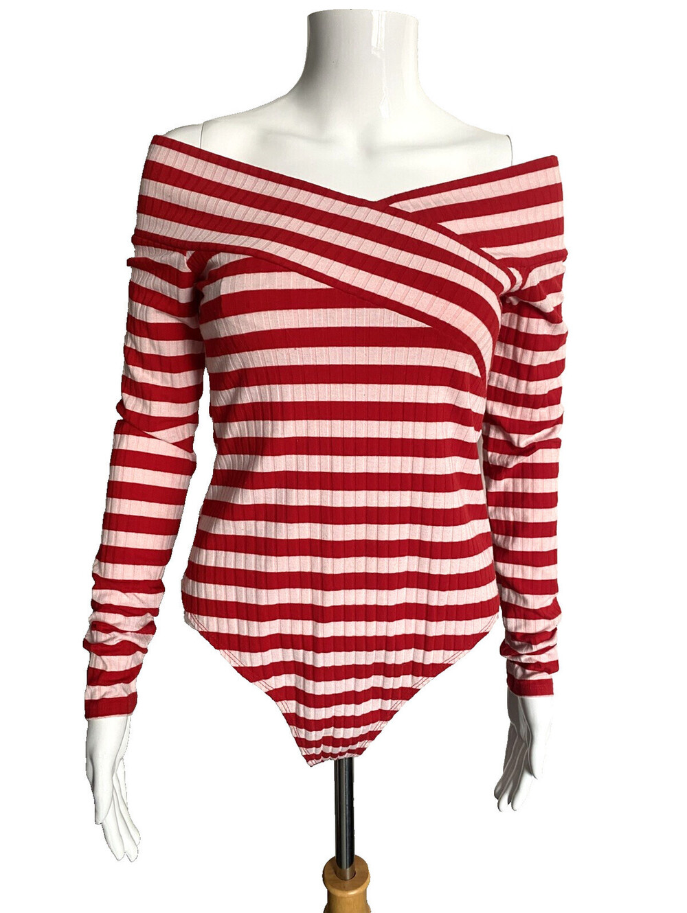 Material Girl Women's Size M Medium Red White Striped Bodysuit Top Long Sleeve - Picture 2 of 7